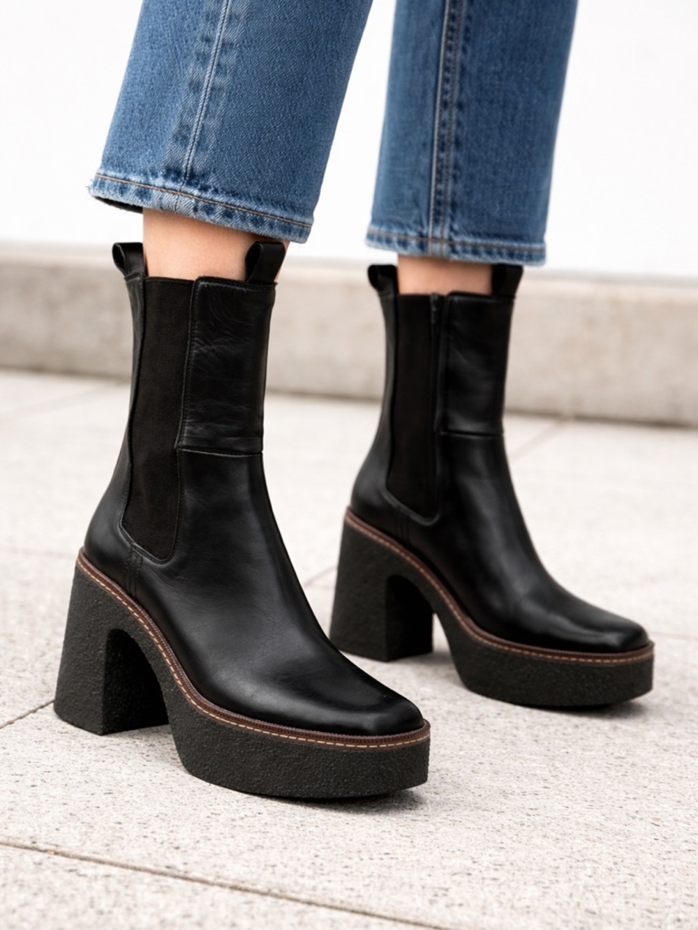 Pons Quintana Black Leather Platform Chelsea Chunky Block Heel, Modern Boots